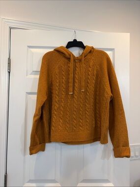 Cozy Mustard Cable Knit Hoodie with gold accent on strings